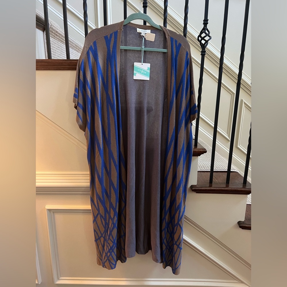 NEW Umgee Blue and Brown Geometric Aztec Kimono Cardigan M/L